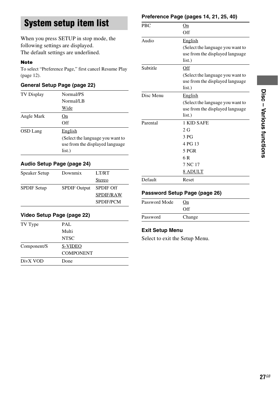 System setup item list | Sony CMT-DF1 User Manual | Page 27 / 52