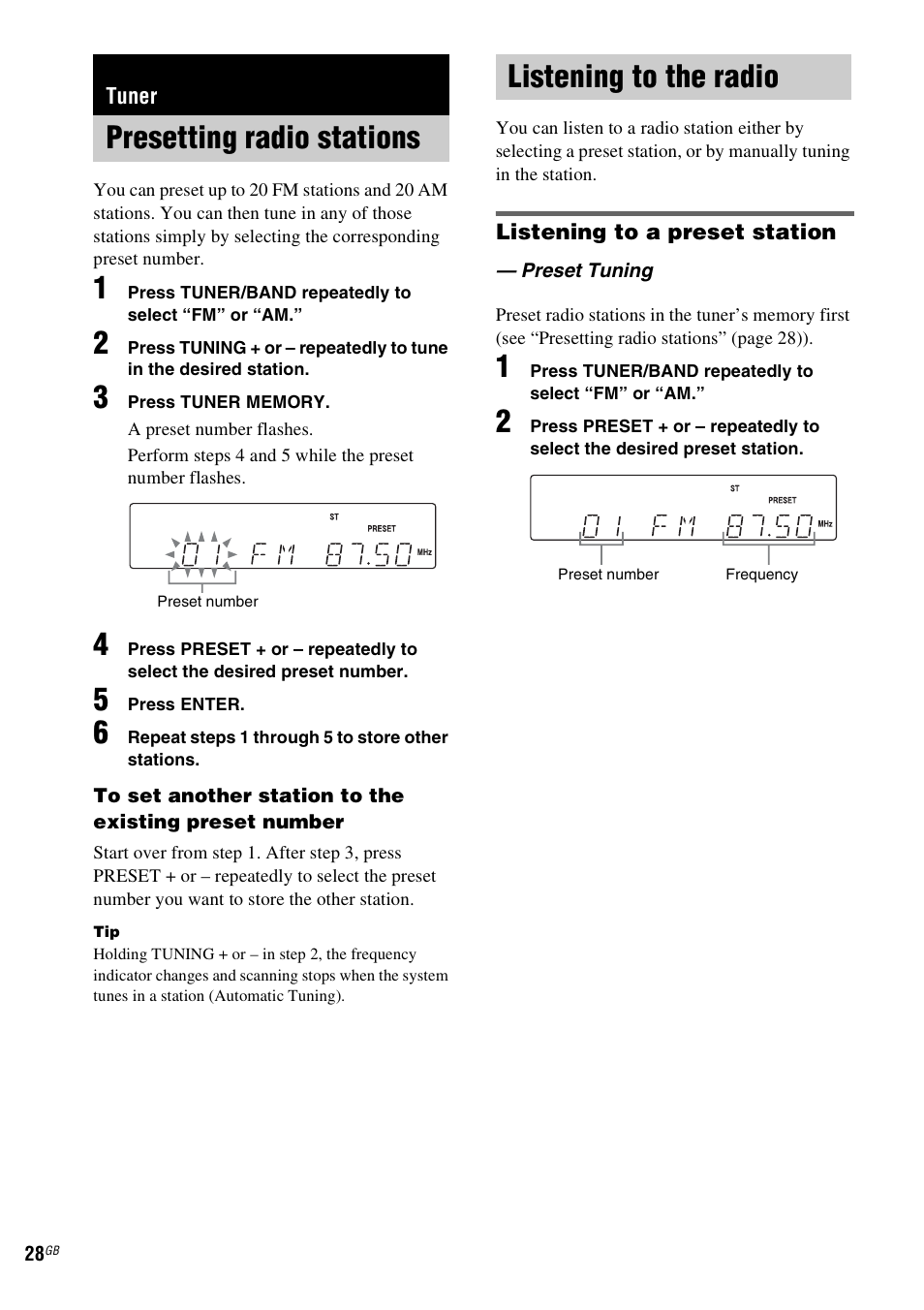 Tuner, Presetting radio stations, Listening to the radio | Preset tuning, Presetting radio stations listening to the radio | Sony CMT-DF1 User Manual | Page 28 / 52