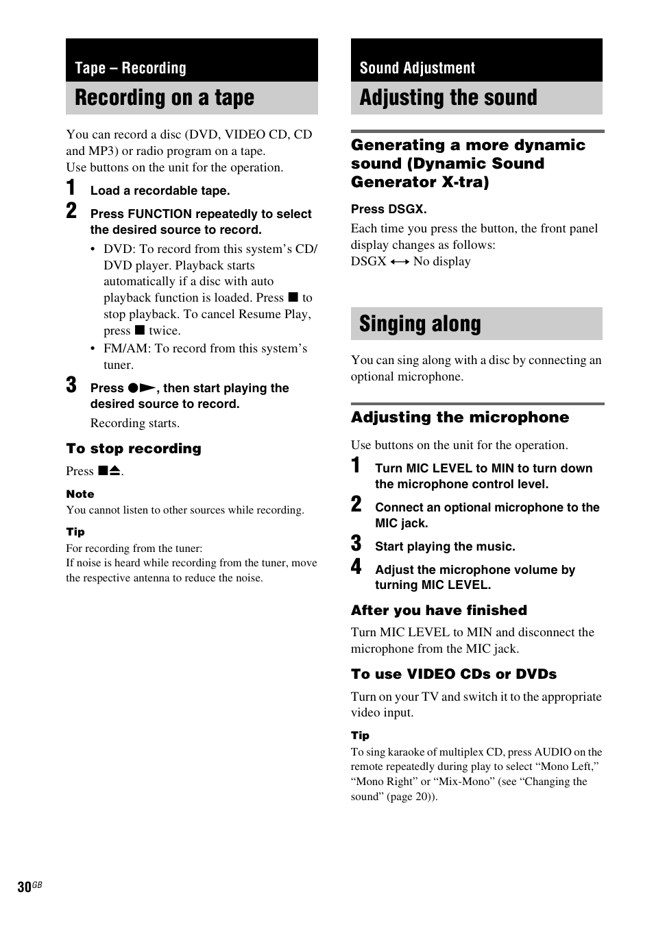 Tape – recording, Recording on a tape, Sound adjustment | Adjusting the sound, Singing along, Adjusting the sound singing along | Sony CMT-DF1 User Manual | Page 30 / 52