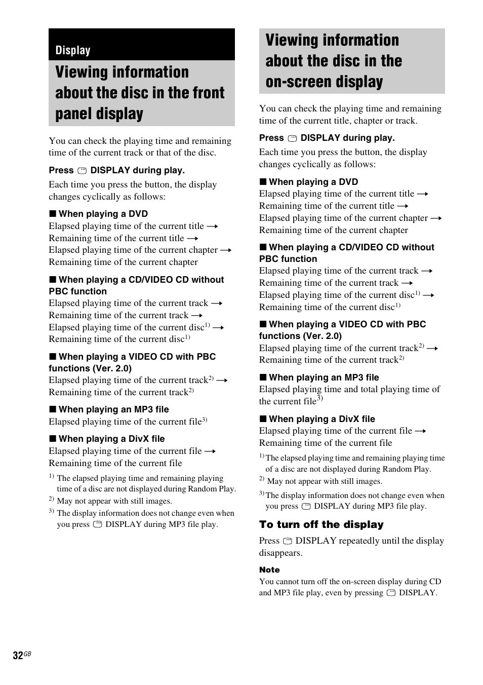 Display, Viewing information about the disc in the, Front panel display | On-screen display | Sony CMT-DF1 User Manual | Page 32 / 52