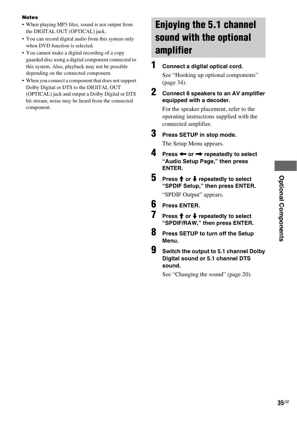 Enjoying the 5.1 channel sound with the, Optional amplifier | Sony CMT-DF1 User Manual | Page 35 / 52