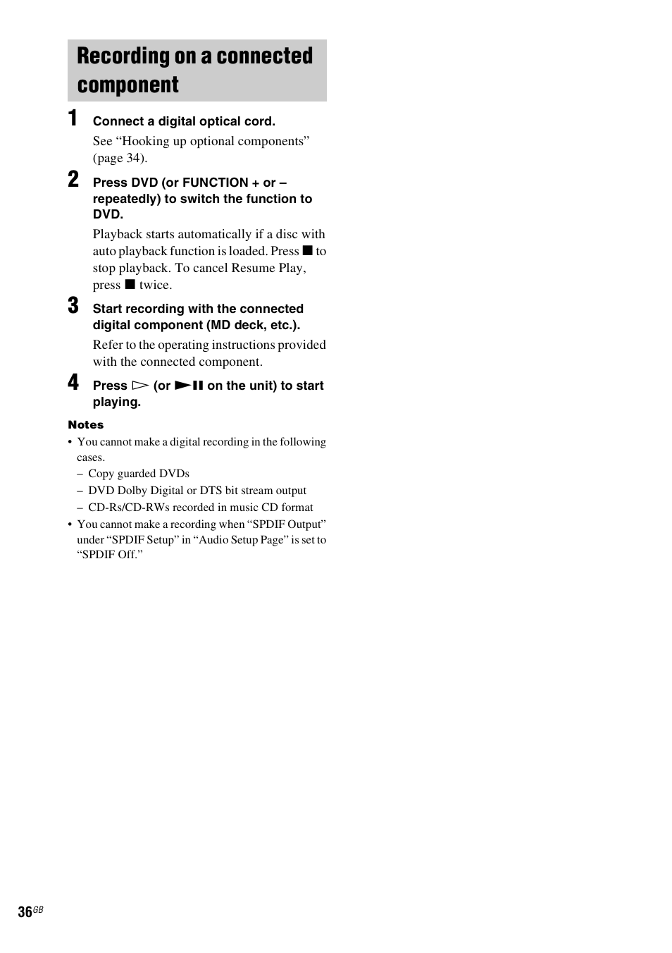 Recording on a connected component, Recording on a connected, Component | Sony CMT-DF1 User Manual | Page 36 / 52