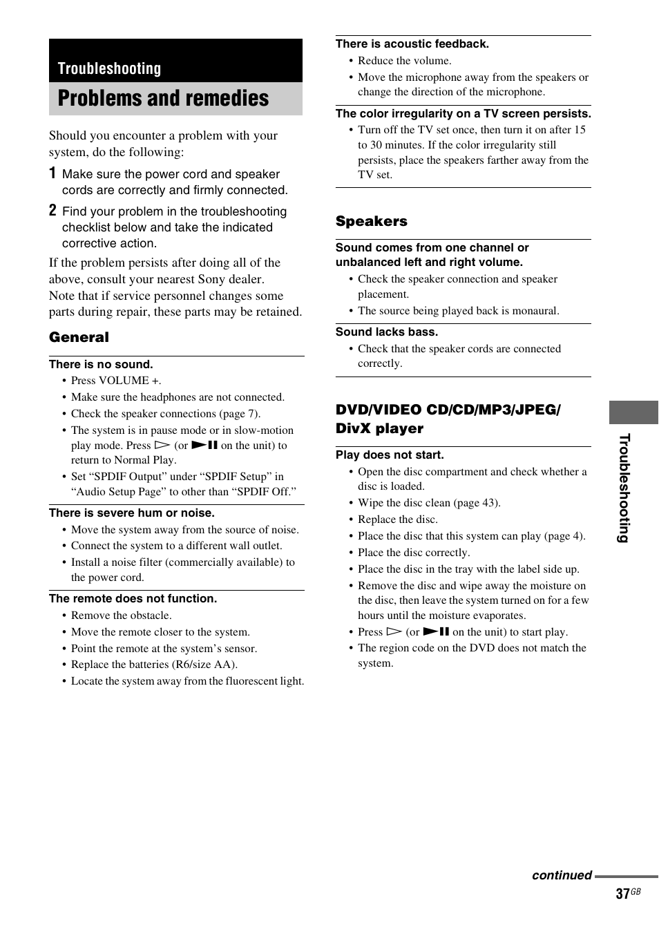 Troubleshooting, Problems and remedies | Sony CMT-DF1 User Manual | Page 37 / 52