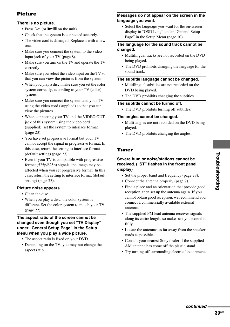Trou b les hooti n g 39, Picture, Tuner | Sony CMT-DF1 User Manual | Page 39 / 52