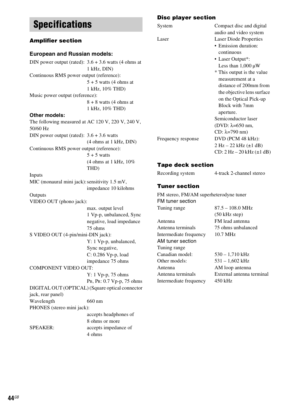 Specifications | Sony CMT-DF1 User Manual | Page 44 / 52