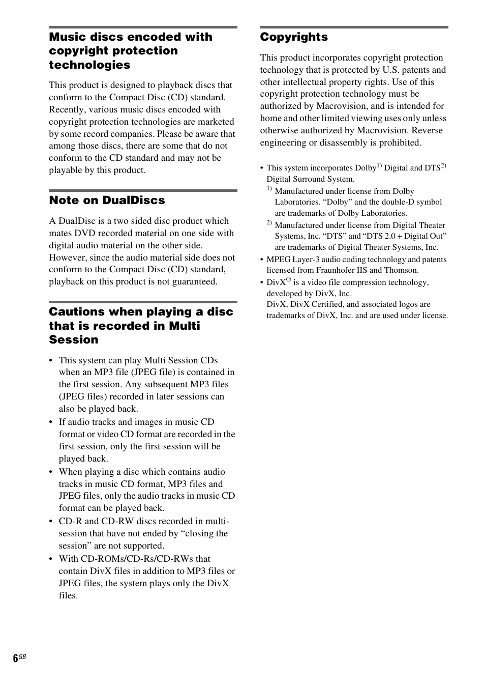 Copyrights | Sony CMT-DF1 User Manual | Page 6 / 52