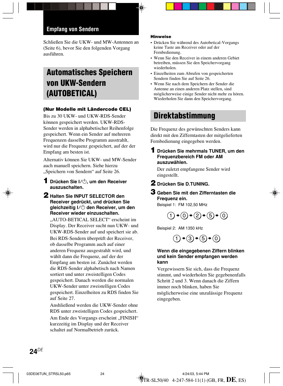 Empfang von sendern, Automatisches speichern von ukw, Sendern (autobetical) | Direktabstimmung | Sony TR-SL50 User Manual | Page 102 / 157