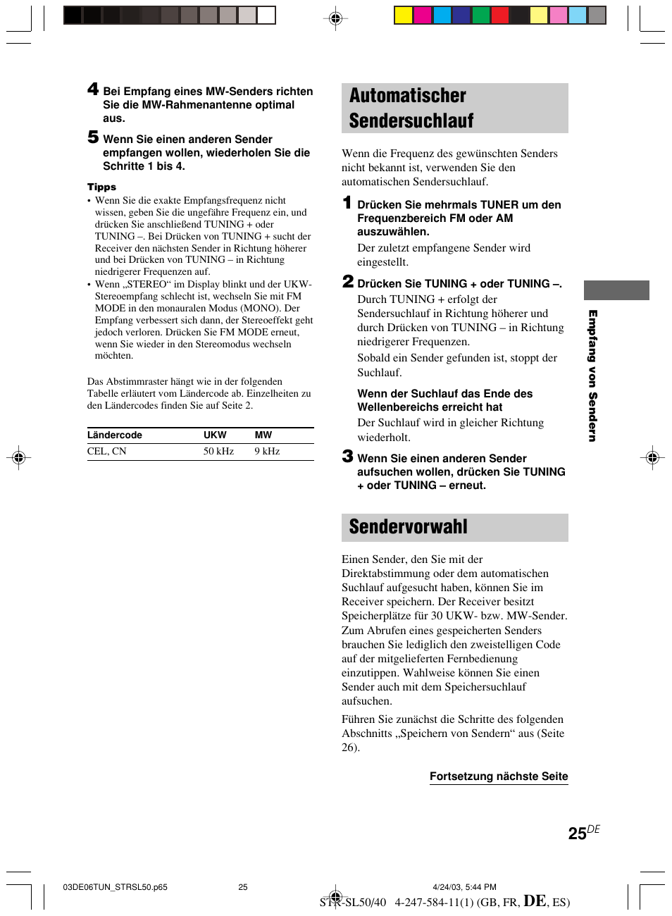 Automatischer sendersuchlauf sendervorwahl, Automatischer sendersuchlauf, Sendervorwahl | Sony TR-SL50 User Manual | Page 103 / 157