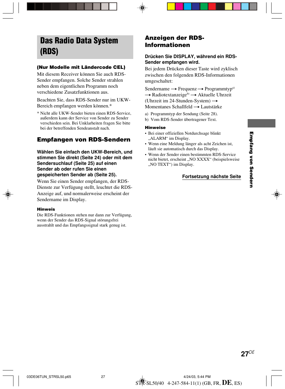 Das radio data system (rds), Anzeigen der rds- informationen, Empfangen von rds-sendern | Sony TR-SL50 User Manual | Page 105 / 157