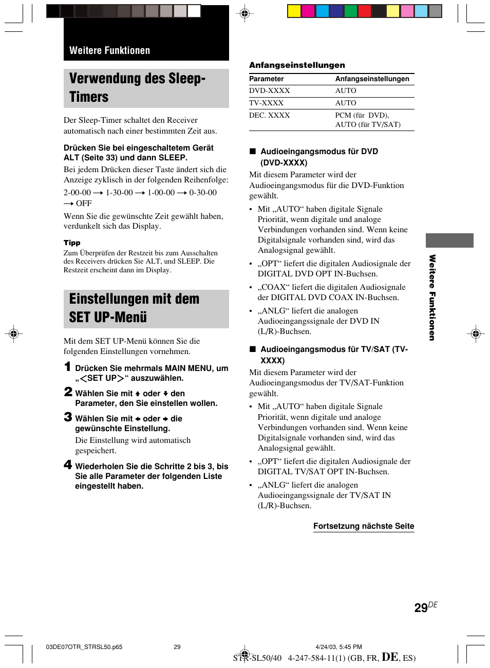 Weitere funktionen, Verwendung des sleep-timers einstellungen mit dem, Set up-menü | Verwendung des sleep- timers, Einstellungen mit dem set up-menü | Sony TR-SL50 User Manual | Page 107 / 157