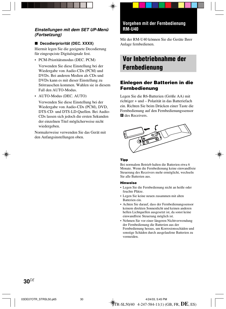 Vorgehen mit der fernbedienung rm-u40, Vor inbetriebnahme der, Fernbedienung | Vor inbetriebnahme der fernbedienung | Sony TR-SL50 User Manual | Page 108 / 157