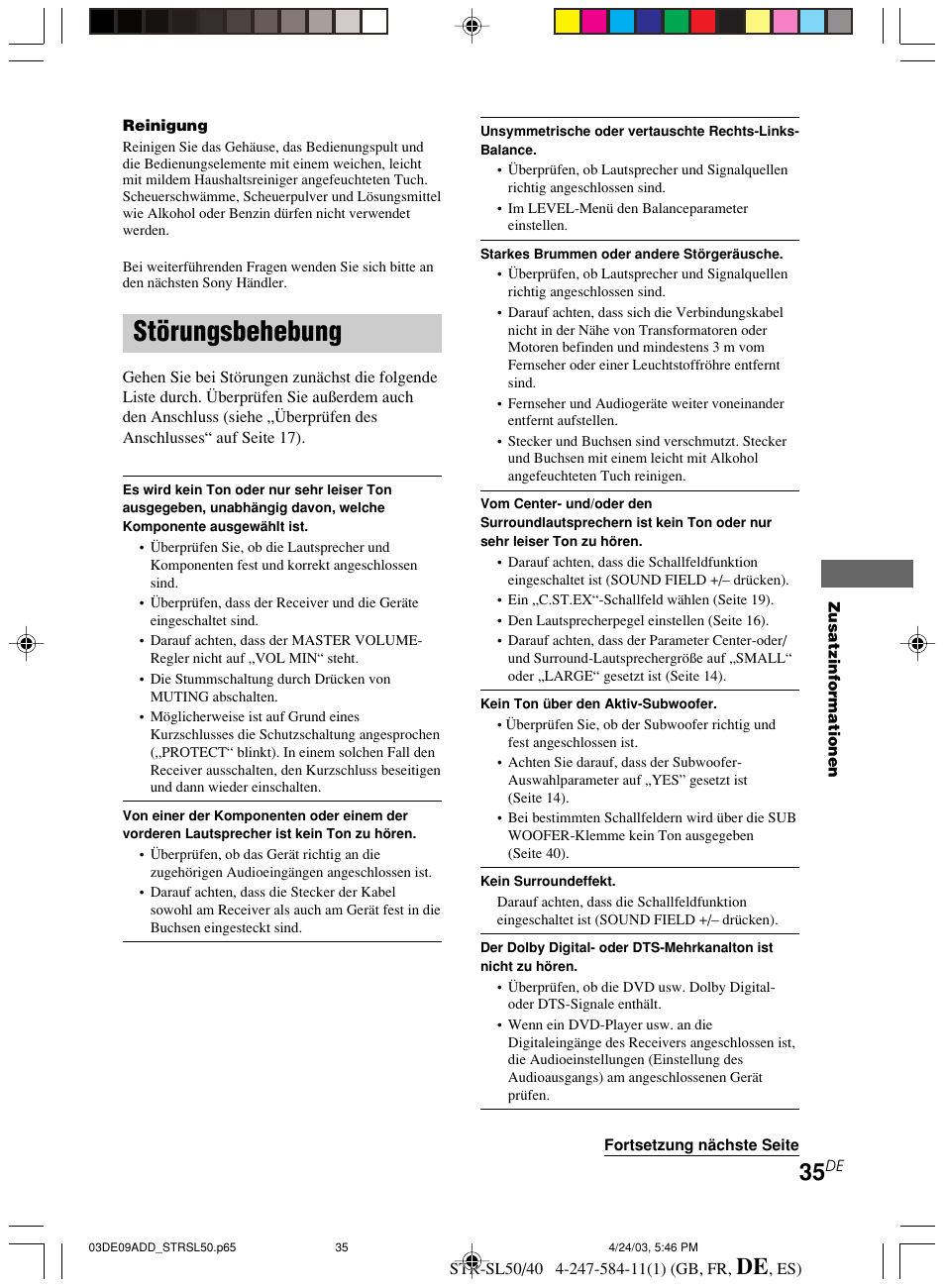Störungsbehebung | Sony TR-SL50 User Manual | Page 113 / 157