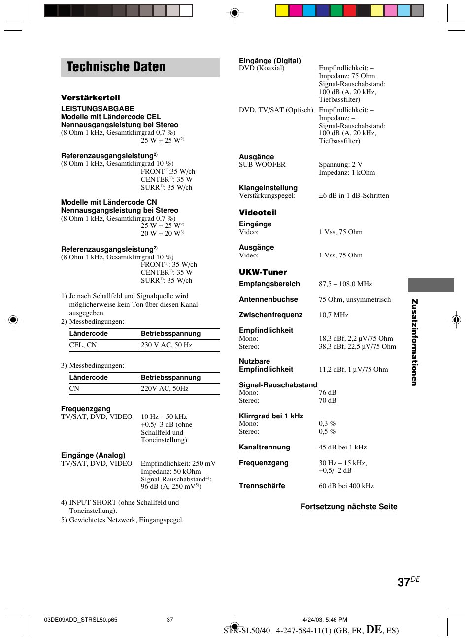 Technische daten | Sony TR-SL50 User Manual | Page 115 / 157