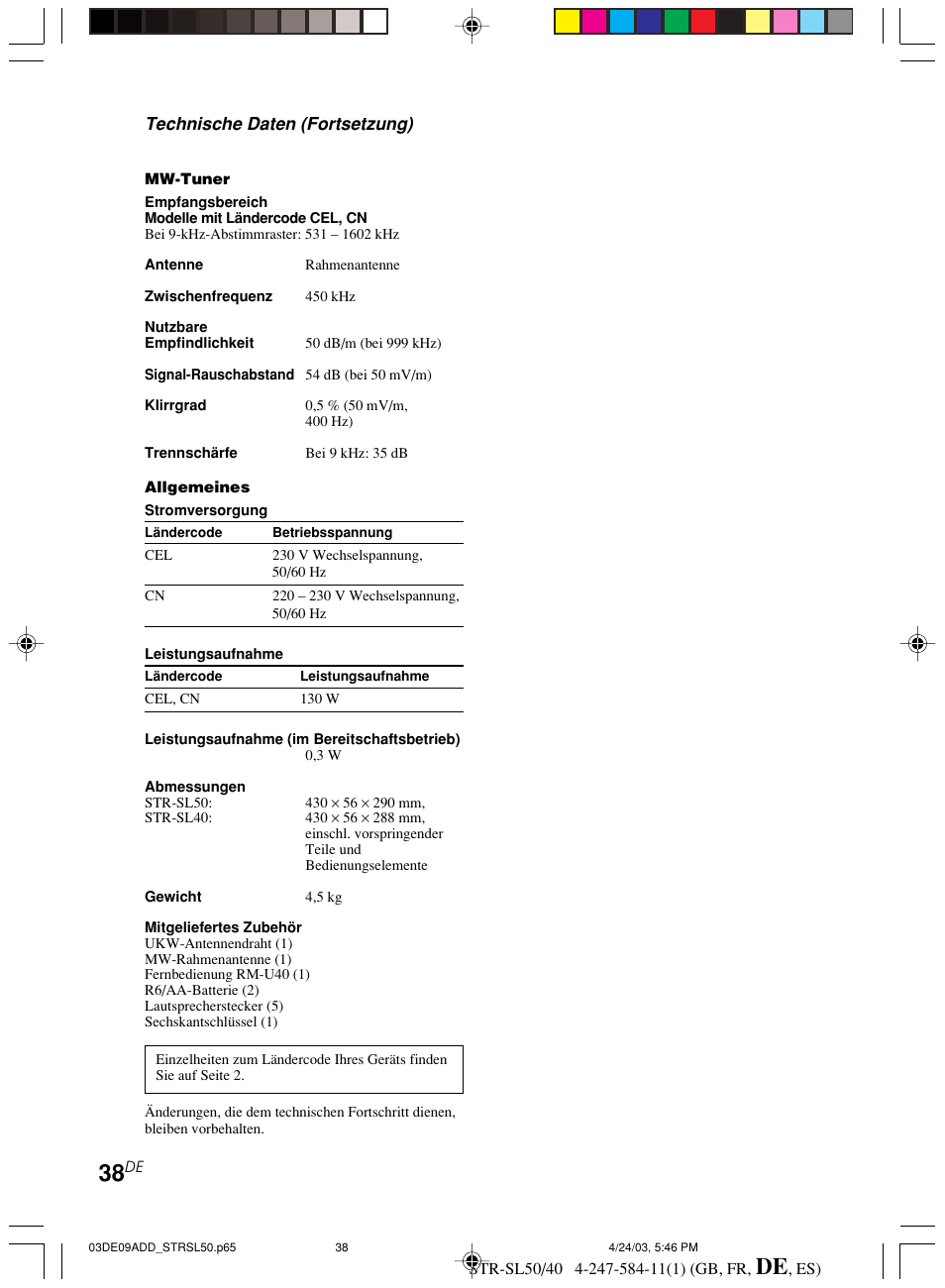 Technische daten (fortsetzung) | Sony TR-SL50 User Manual | Page 116 / 157