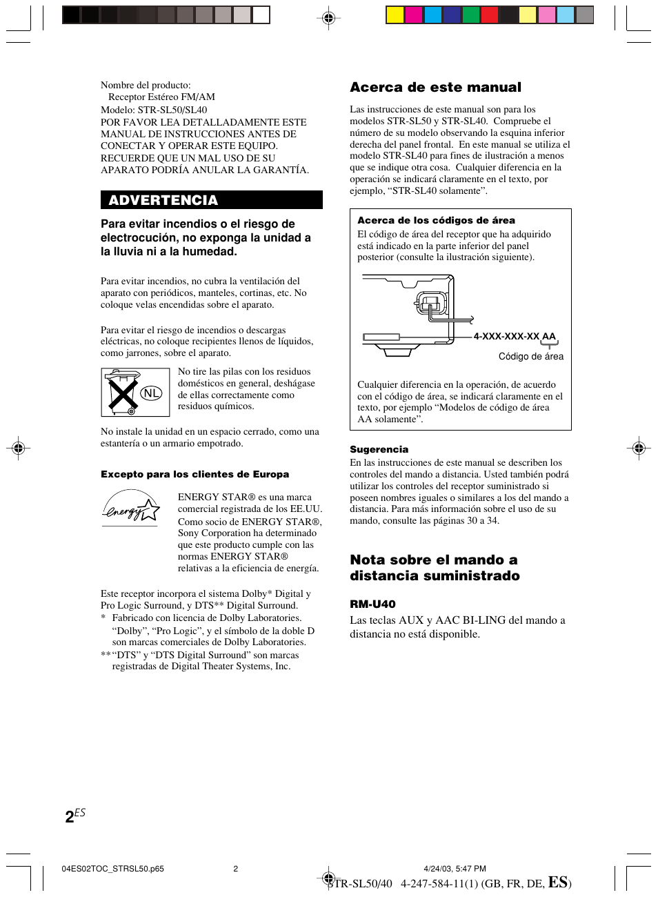 Advertencia, Acerca de este manual, Nota sobre el mando a distancia suministrado | Sony TR-SL50 User Manual | Page 119 / 157