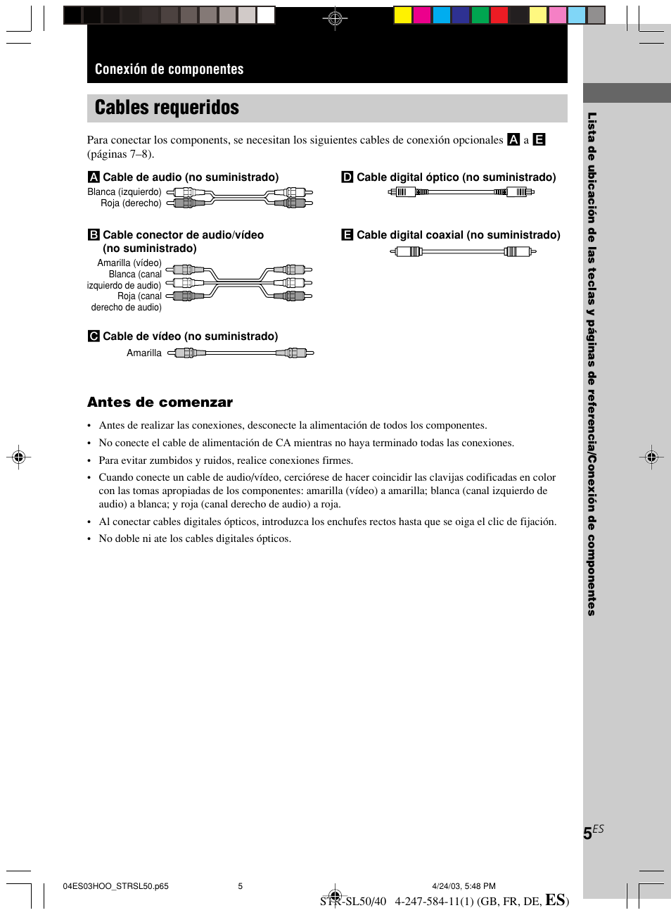 Conexión de componentes, Cables requeridos, Conexión de componentes antes de comenzar | Sony TR-SL50 User Manual | Page 122 / 157