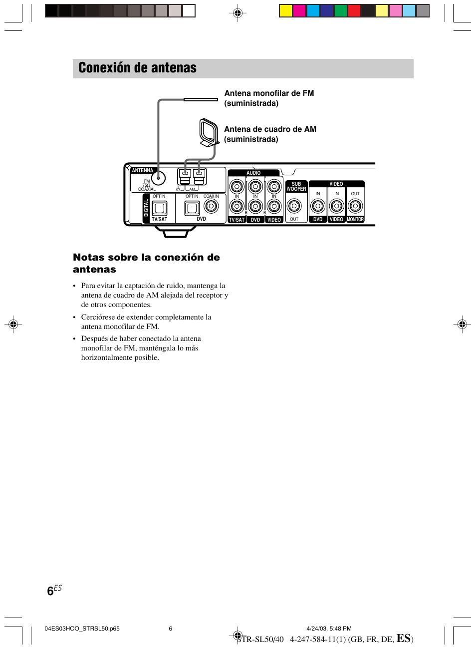 Conexión de antenas, Notas sobre la conexión de antenas | Sony TR-SL50 User Manual | Page 123 / 157