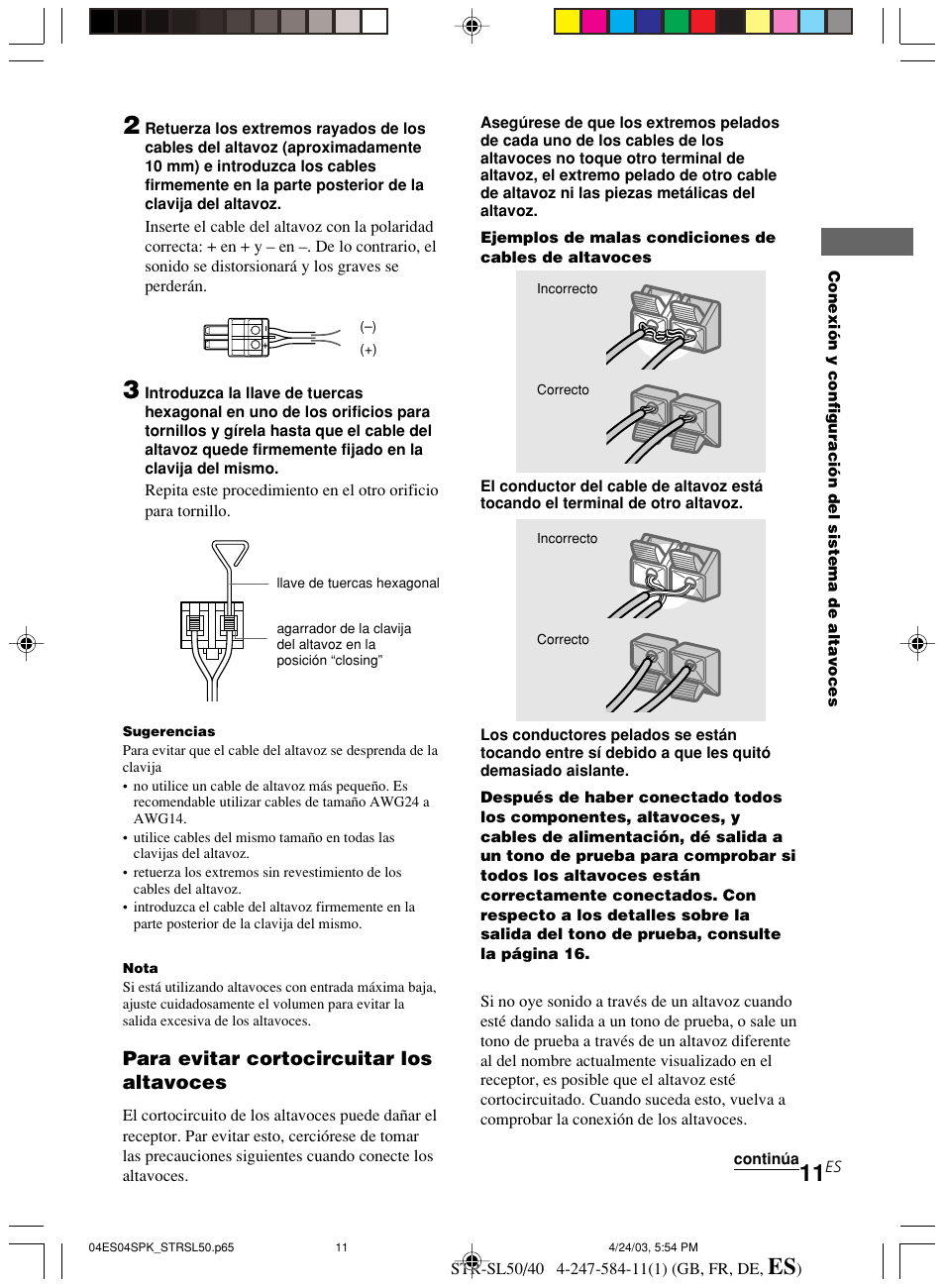 Para evitar cortocircuitar los altavoces | Sony TR-SL50 User Manual | Page 128 / 157