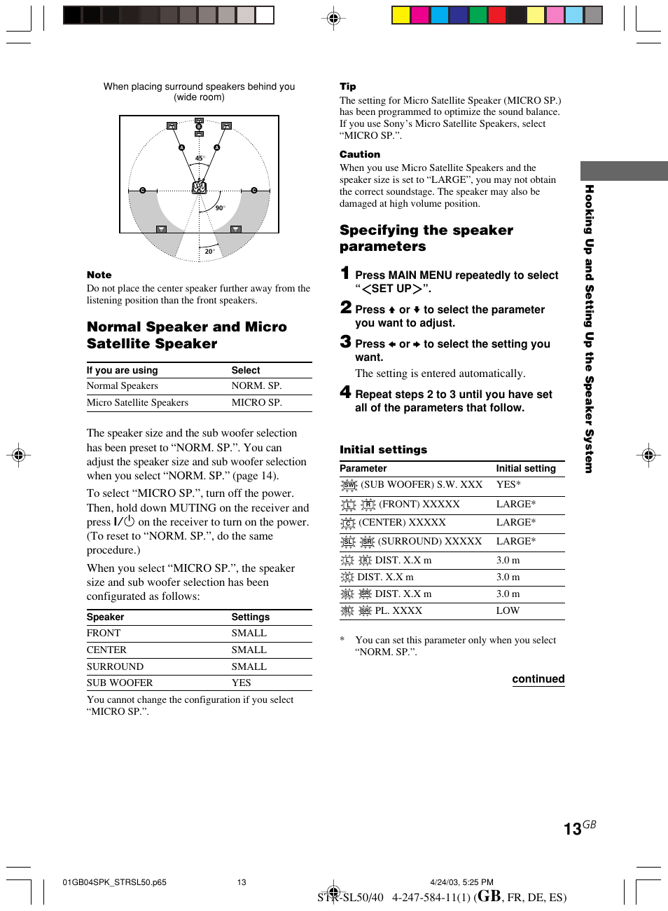 Normal speaker and micro satellite speaker, Specifying the speaker parameters | Sony TR-SL50 User Manual | Page 13 / 157