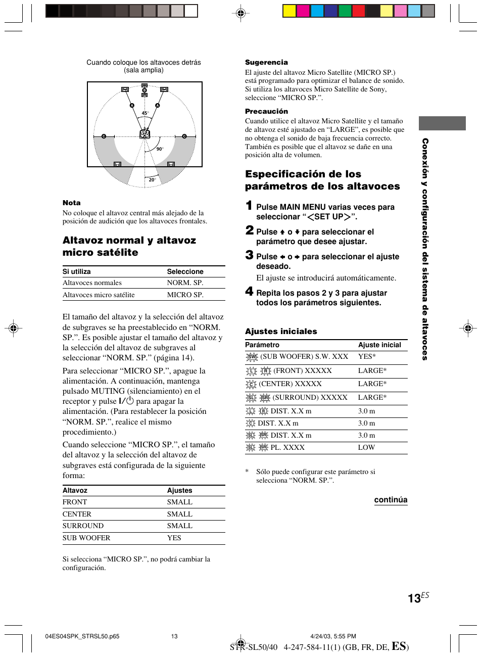 Altavoz normal y altavoz micro satélite, Especificación de los parámetros de los altavoces | Sony TR-SL50 User Manual | Page 130 / 157