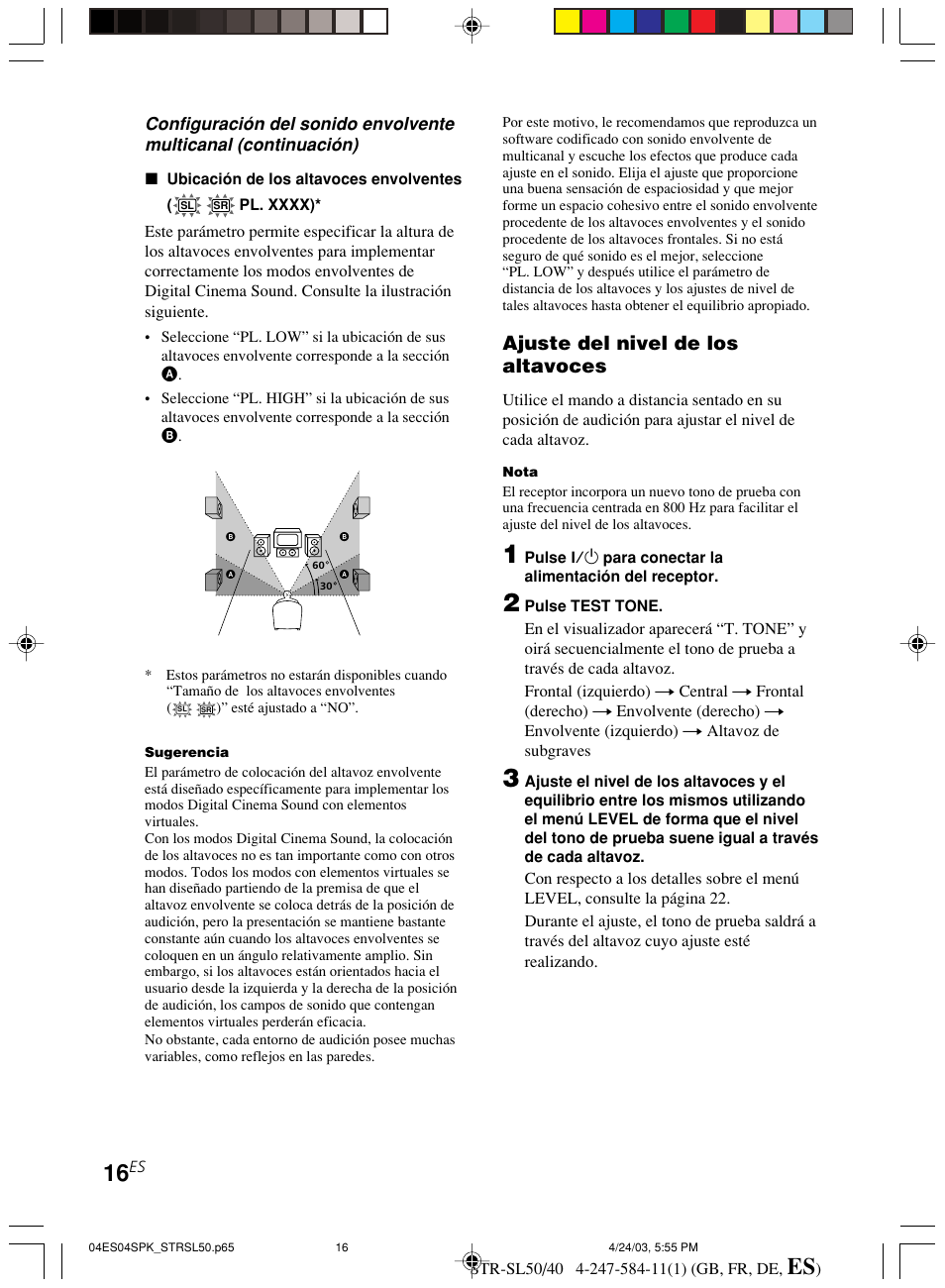 Ajuste del nivel de los altavoces | Sony TR-SL50 User Manual | Page 133 / 157