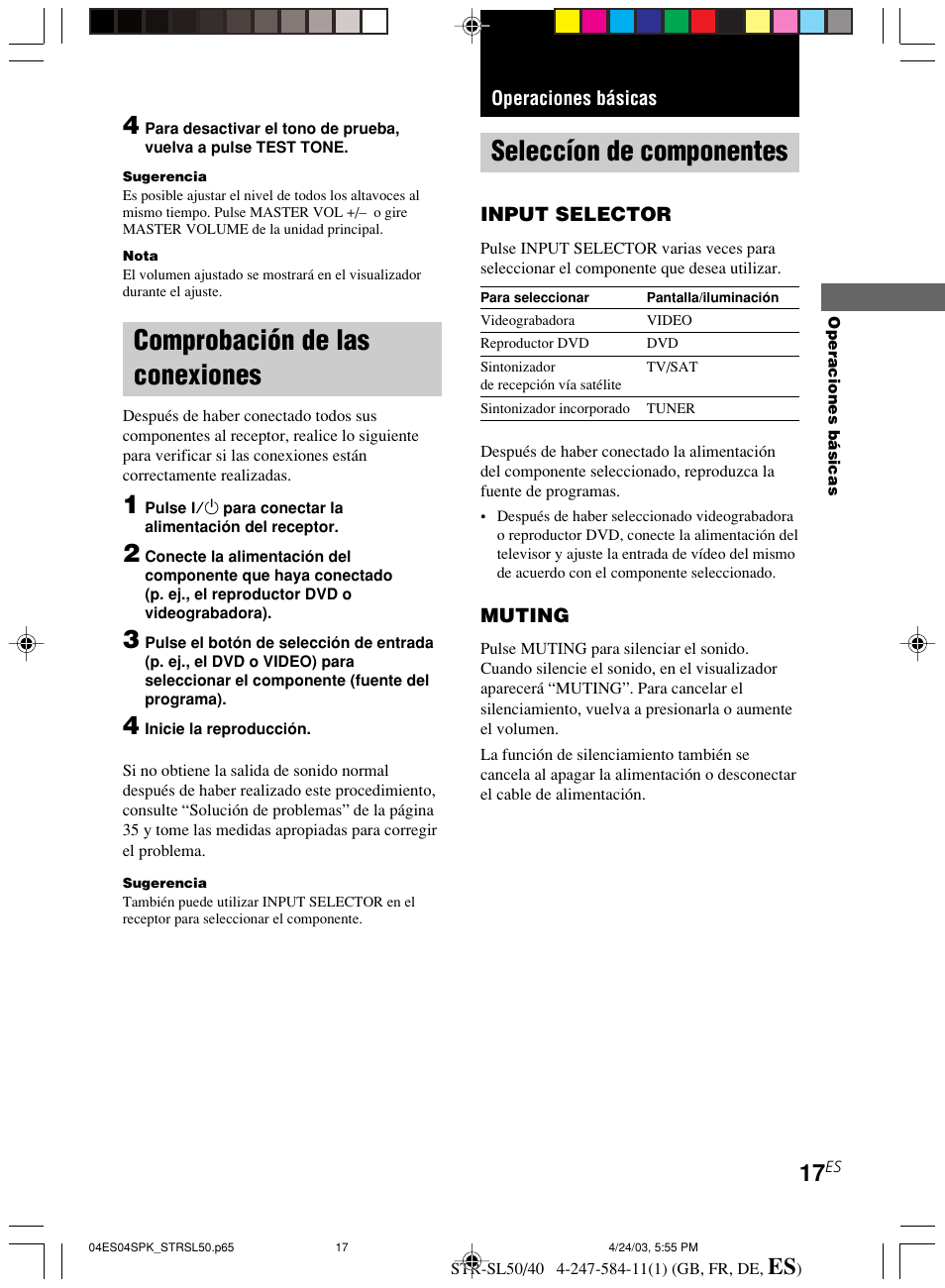 Comprobación de las conexiones, Operaciones básicas, Seleccíon de componentes | Sony TR-SL50 User Manual | Page 134 / 157