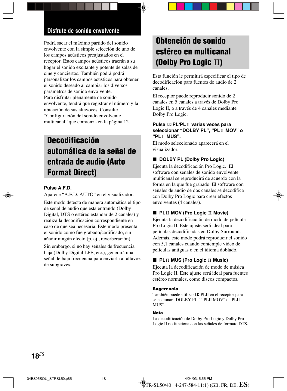 Disfrute de sonido envolvente, Decodificación automática de la señal, De entrada de audio (auto format direct) | Obtención de sonido estéreo en, Multicanal (dolby pro logic ii) | Sony TR-SL50 User Manual | Page 135 / 157