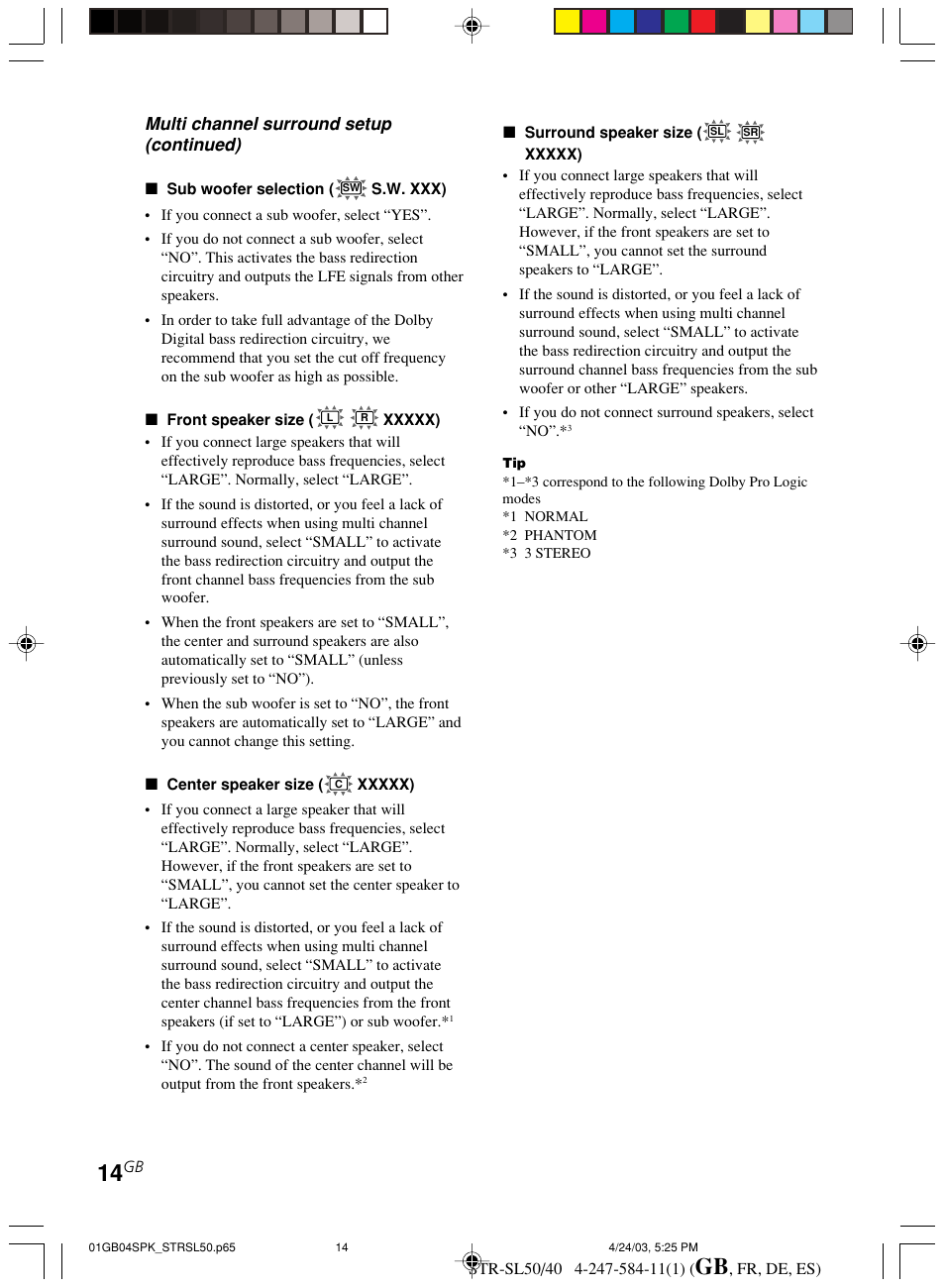 Multi channel surround setup (continued) | Sony TR-SL50 User Manual | Page 14 / 157