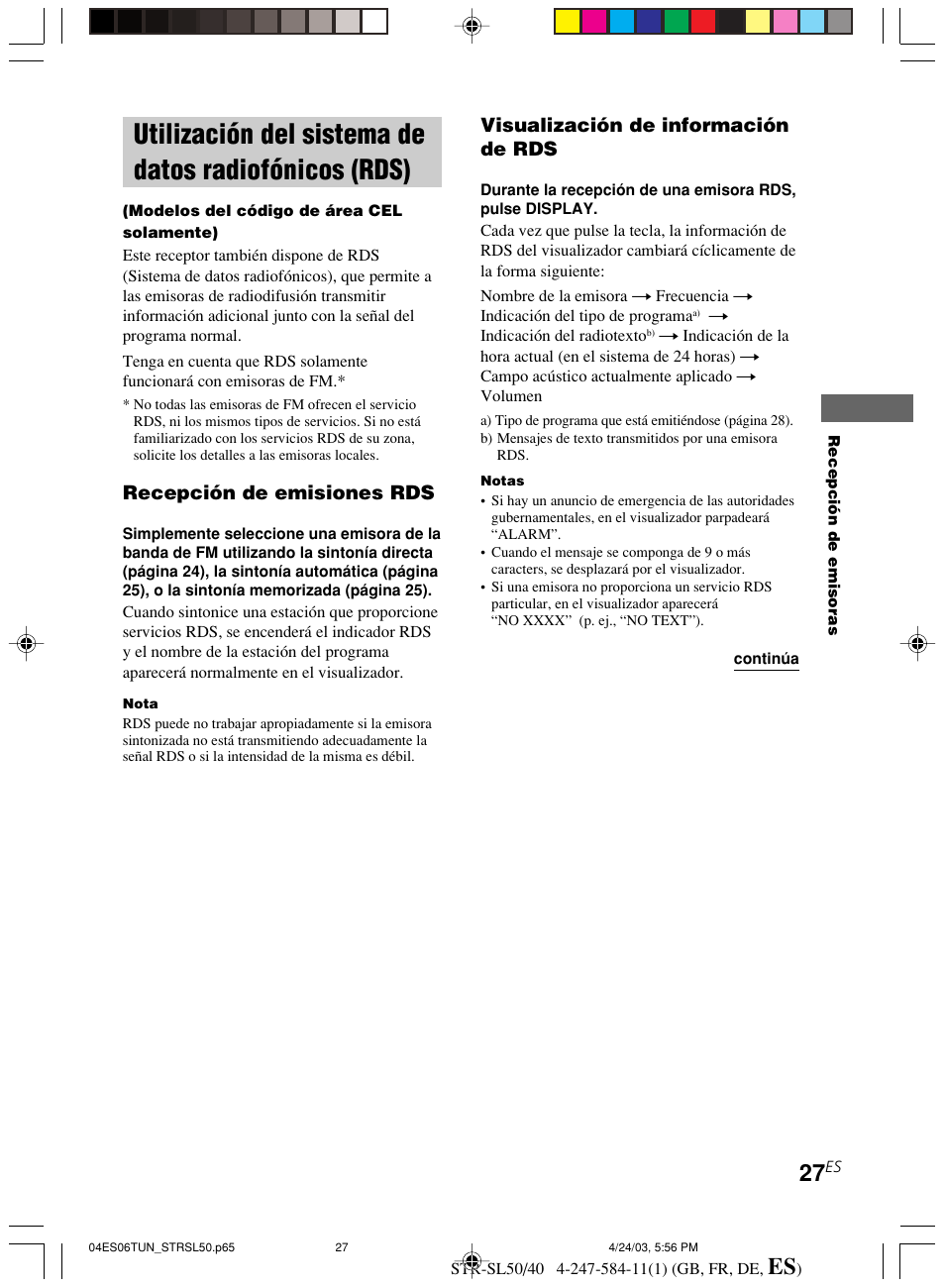 Utilización del sistema de datos, Radiofónicos (rds), Recepción de emisiones rds | Visualización de información de rds | Sony TR-SL50 User Manual | Page 144 / 157