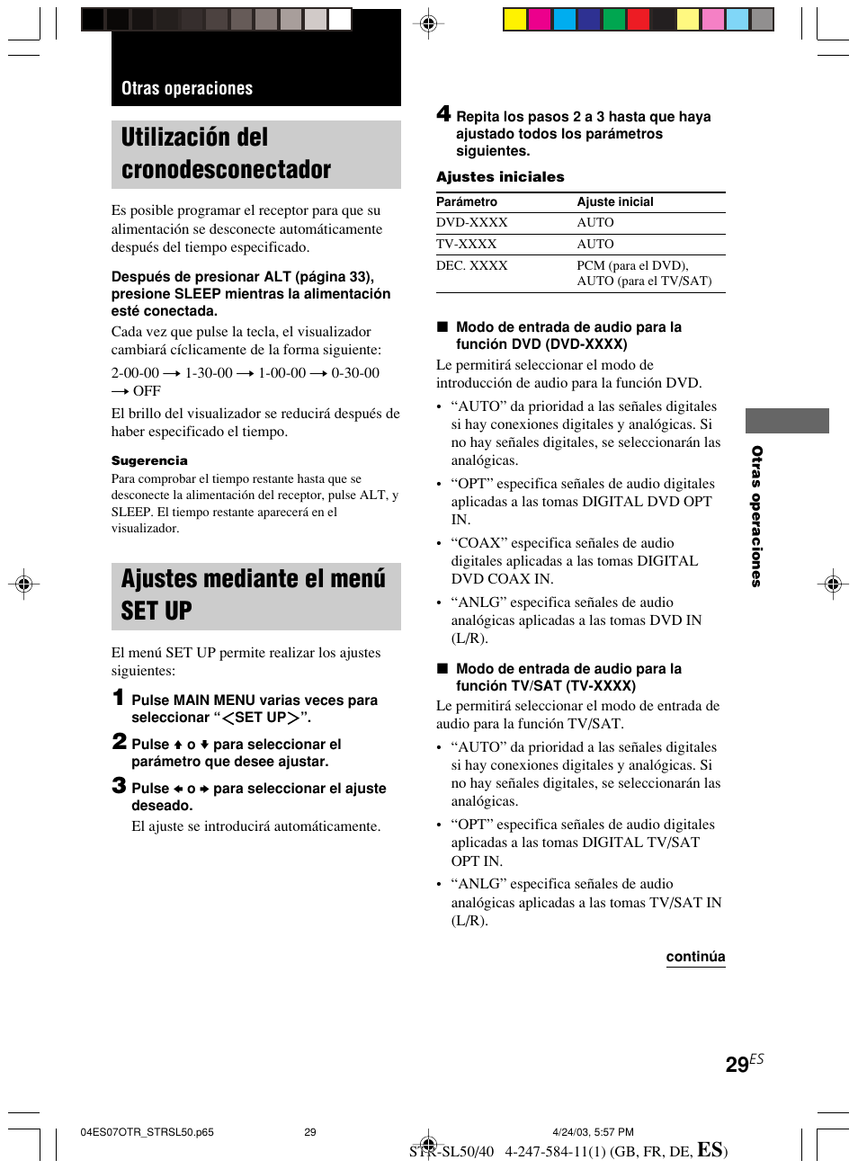 Otras operaciones, Utilización del cronodesconectador, Ajustes mediante el menú set up | Sony TR-SL50 User Manual | Page 146 / 157