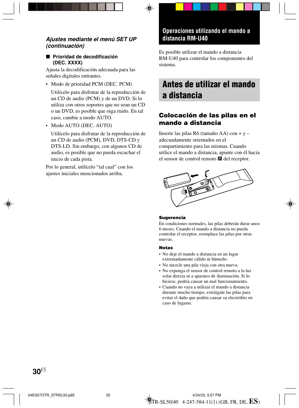 Operaciones utilizando el mando a distancia rm-u40, Antes de utilizar el mando a, Distancia | Antes de utilizar el mando a distancia | Sony TR-SL50 User Manual | Page 147 / 157