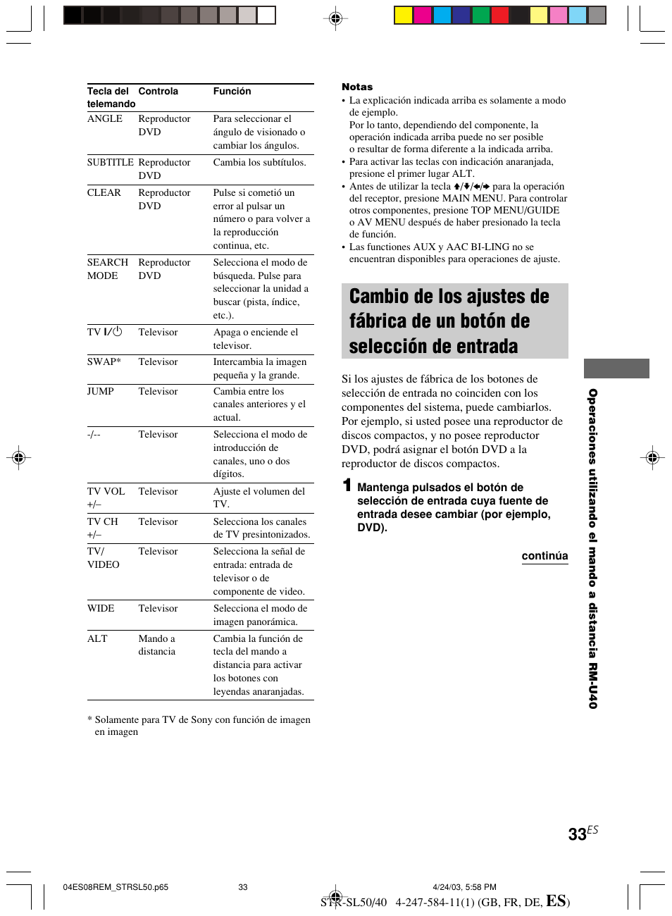 Cambio de los ajustes de fábrica de, Un botón de selección de entrada | Sony TR-SL50 User Manual | Page 150 / 157