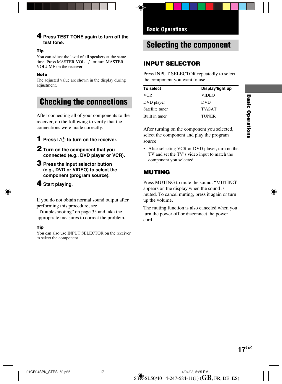 Checking the connections, Basic operations, Selecting the component | Sony TR-SL50 User Manual | Page 17 / 157