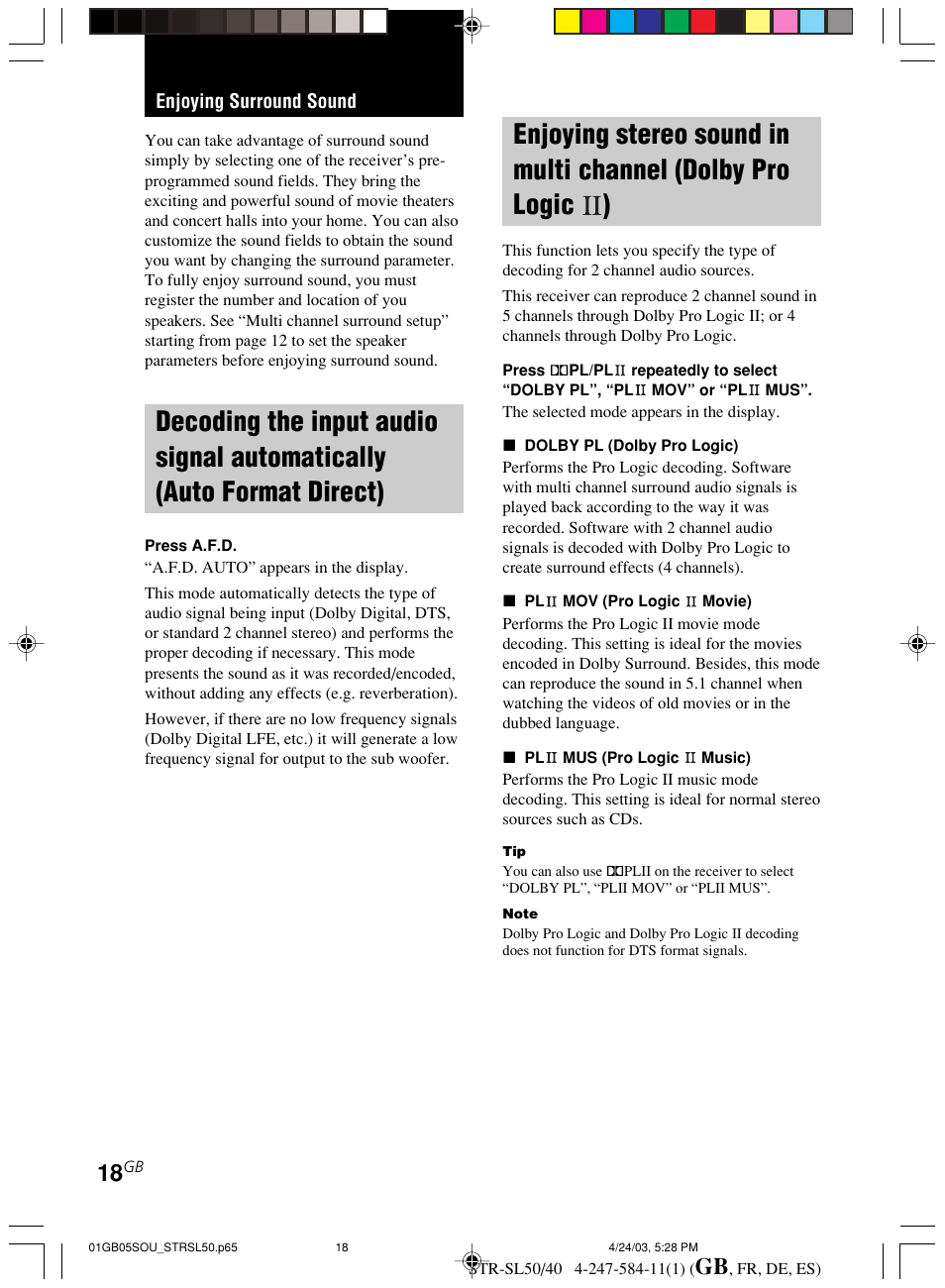 Enjoying surround sound, Decoding the input audio signal, Automatically (auto format direct) | Enjoying stereo sound in multi, Channel (dolby pro logic ii) | Sony TR-SL50 User Manual | Page 18 / 157