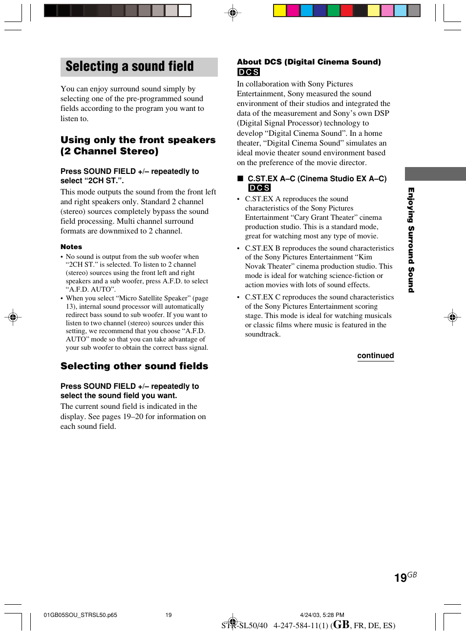 Selecting a sound field | Sony TR-SL50 User Manual | Page 19 / 157