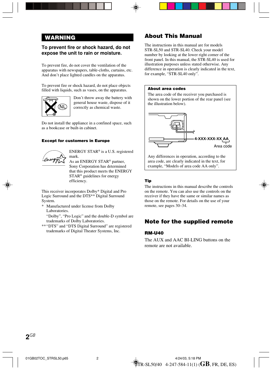 Warning, About this manual | Sony TR-SL50 User Manual | Page 2 / 157