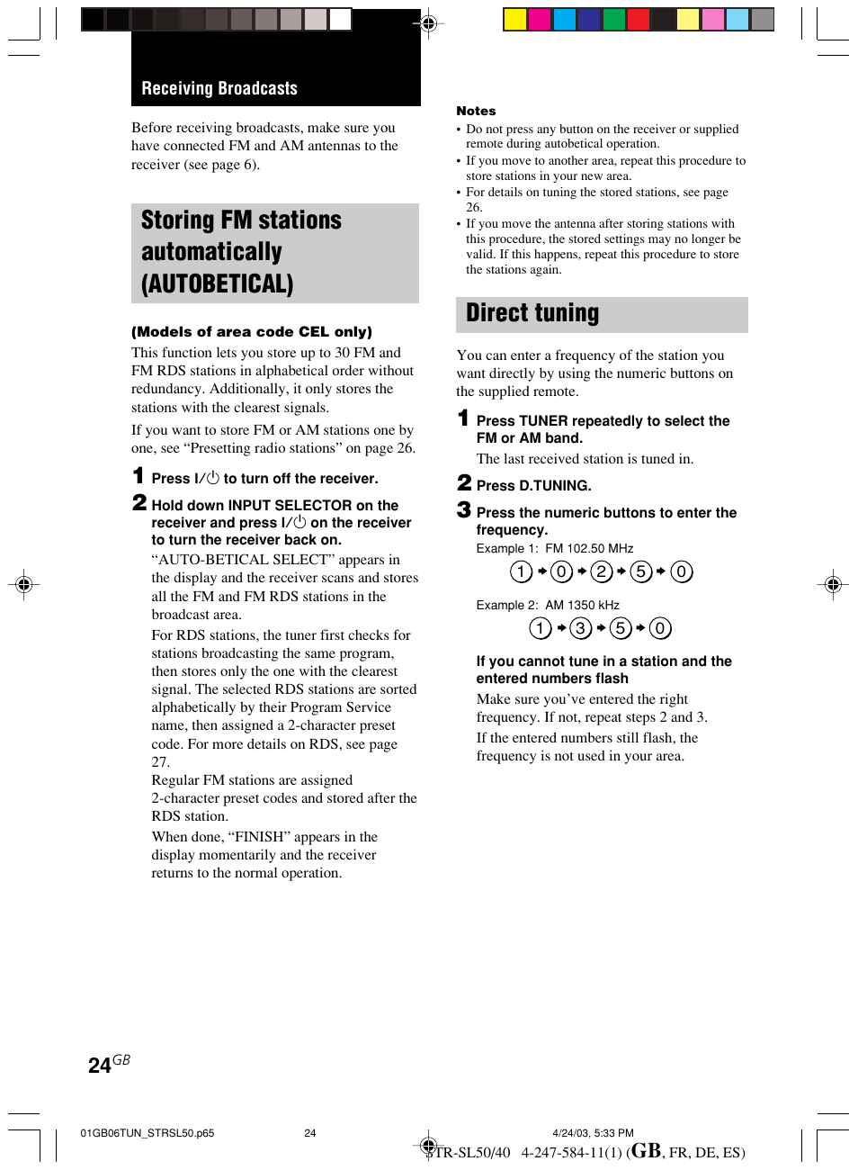 Receiving broadcasts, Storing fm stations automatically, Autobetical) | Direct tuning, Storing fm stations automatically (autobetical) | Sony TR-SL50 User Manual | Page 24 / 157