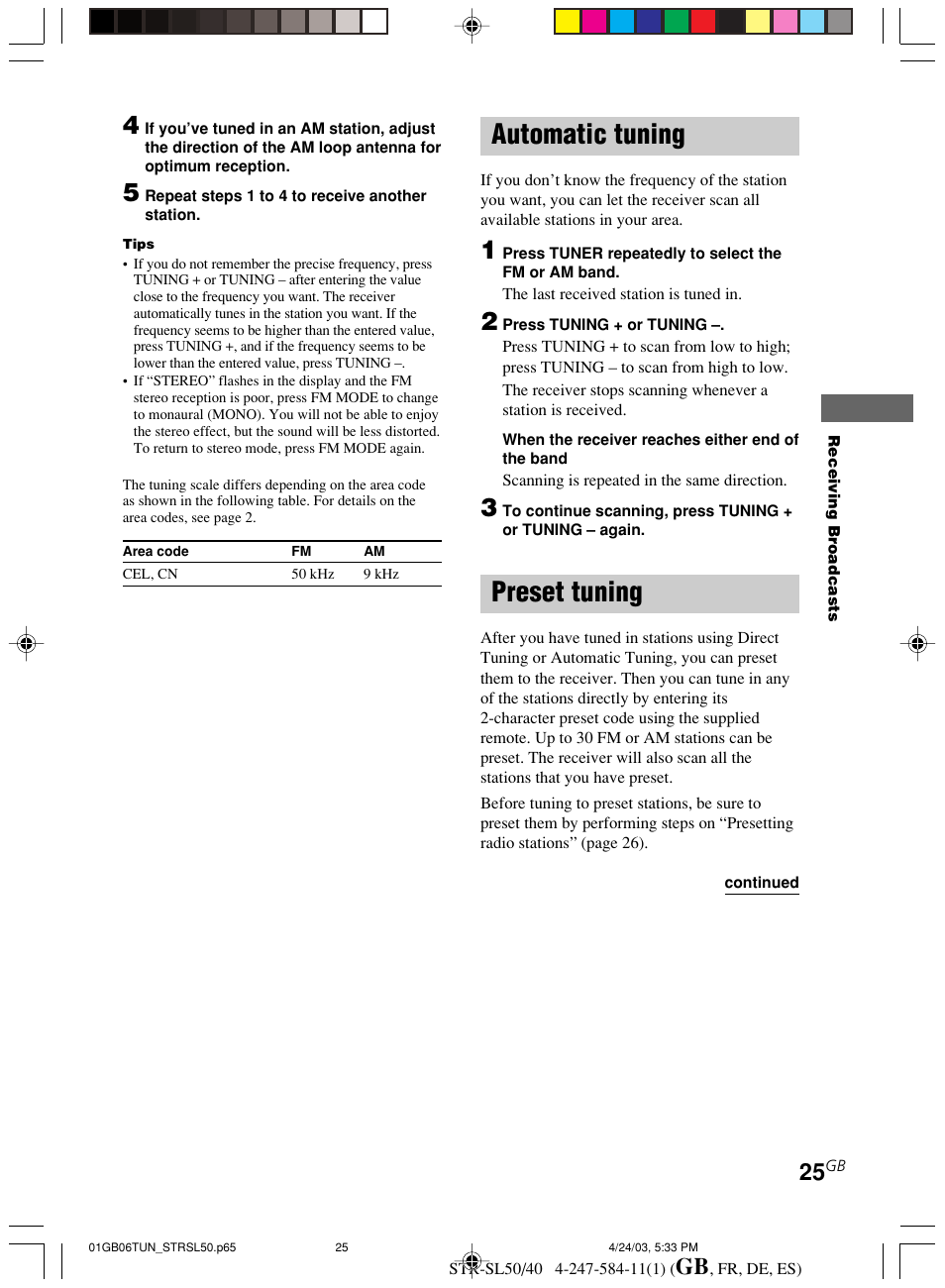 Automatic tuning, Preset tuning | Sony TR-SL50 User Manual | Page 25 / 157