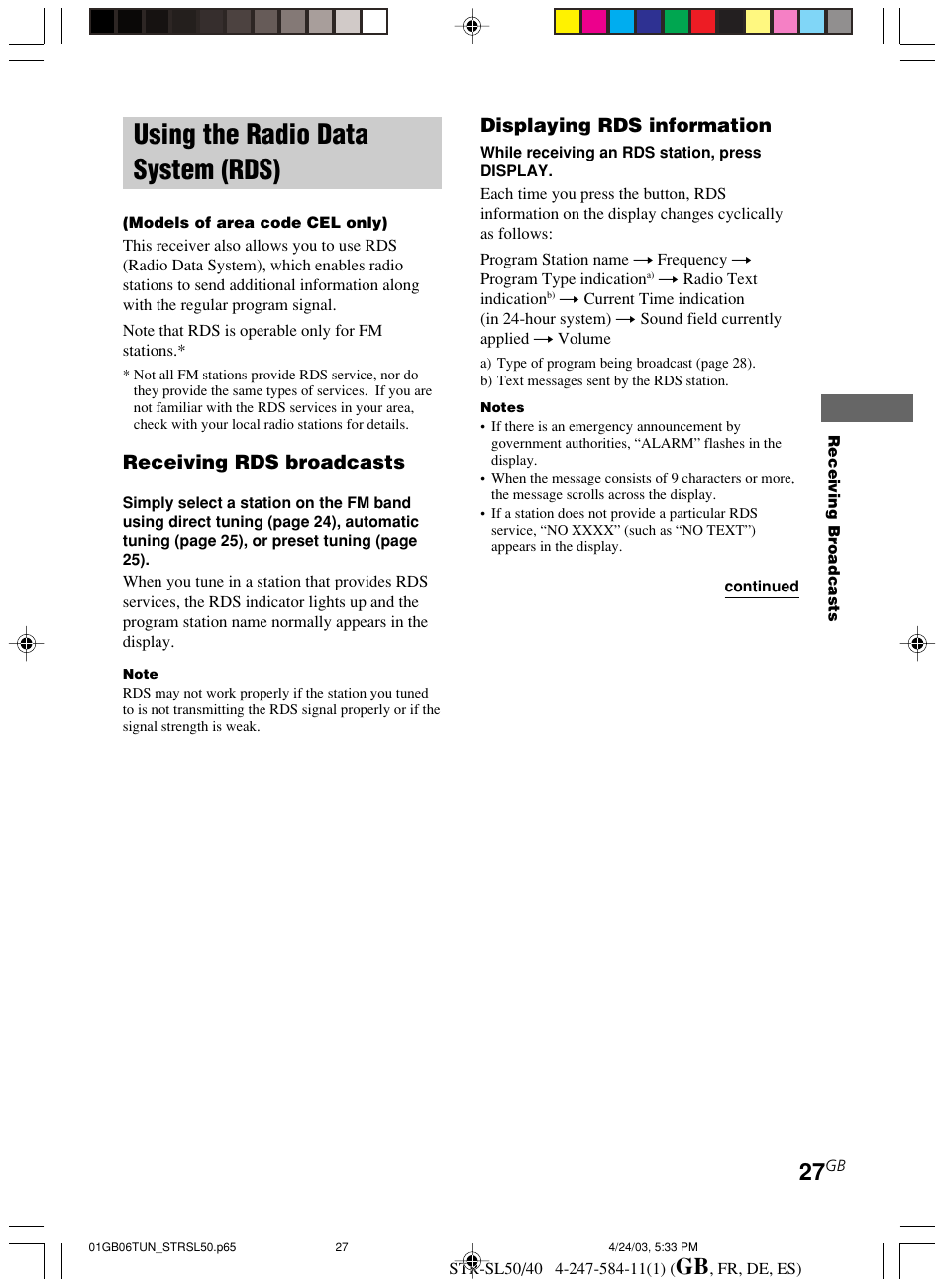 Using the radio data system, Rds), Using the radio data system (rds) | Receiving rds broadcasts, Displaying rds information | Sony TR-SL50 User Manual | Page 27 / 157