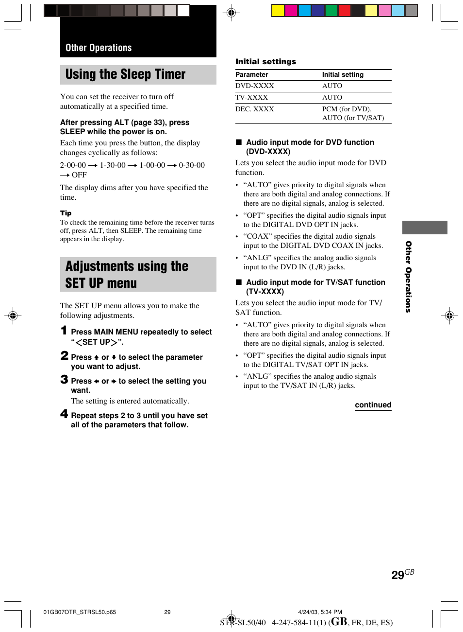 Other operations, Using the sleep timer adjustments using the set up, Menu | Using the sleep timer, Adjustments using the set up menu | Sony TR-SL50 User Manual | Page 29 / 157