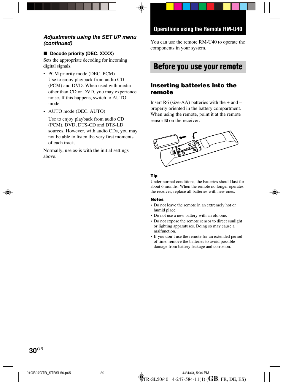 Operations using the remote rm-u40, Before you use your remote | Sony TR-SL50 User Manual | Page 30 / 157