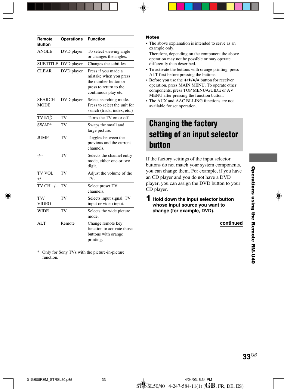 Changing the factory setting of an, Input selector button | Sony TR-SL50 User Manual | Page 33 / 157