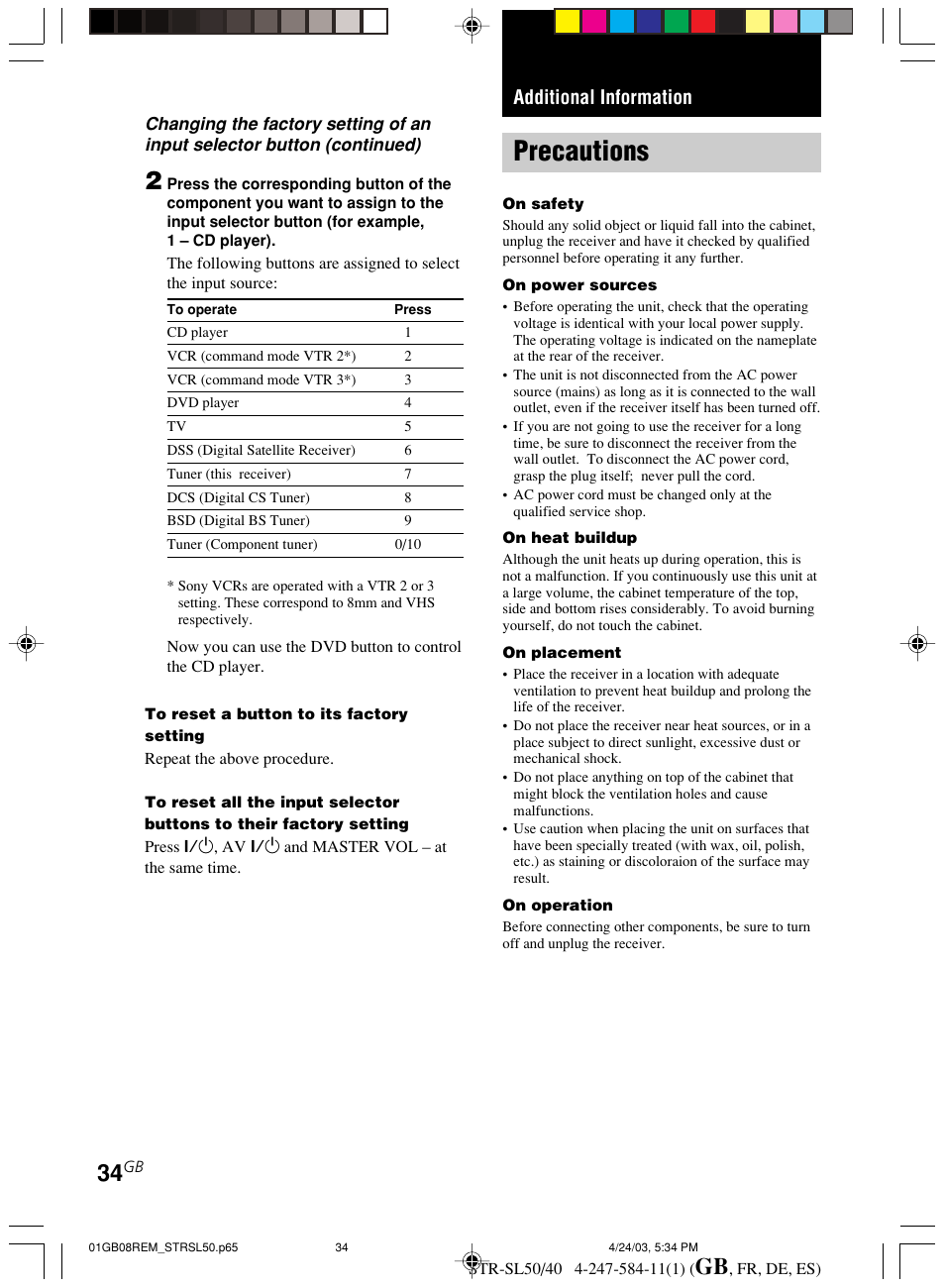 Additional information, Precautions | Sony TR-SL50 User Manual | Page 34 / 157