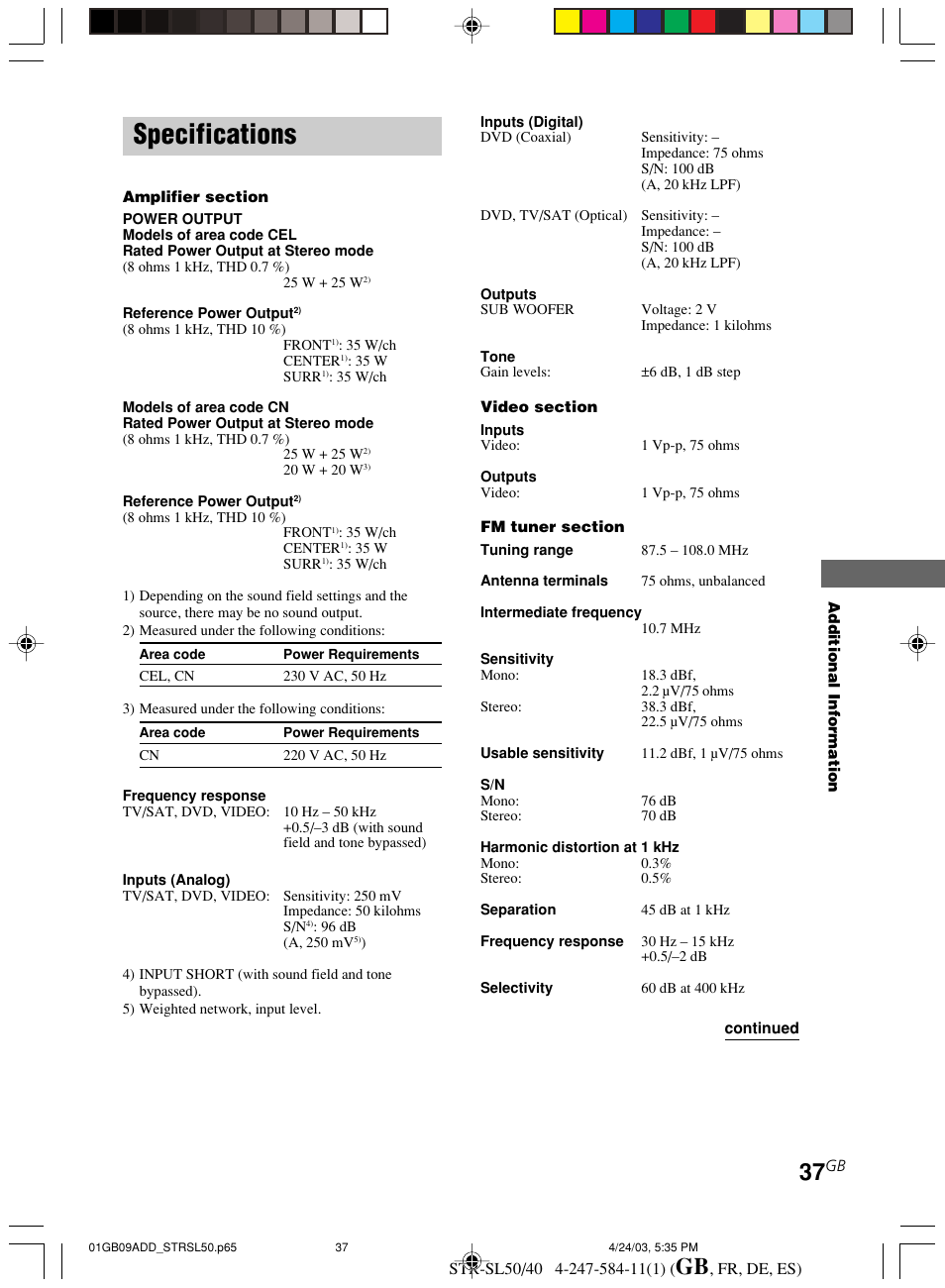 Specifications | Sony TR-SL50 User Manual | Page 37 / 157