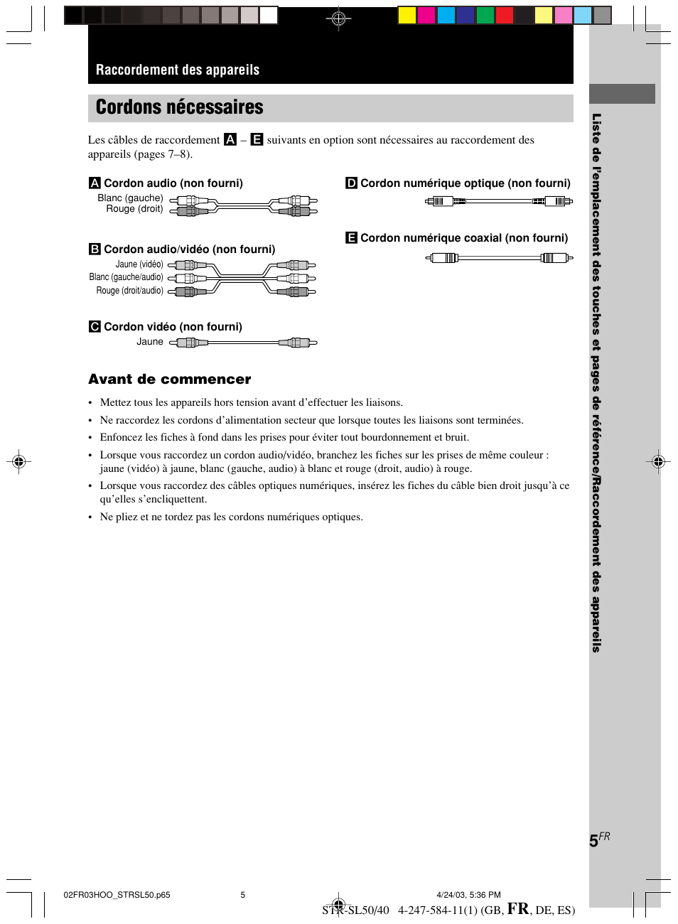 Raccordement des appareils, Cordons nécessaires, Raccordement des appareils avant de commencer | Sony TR-SL50 User Manual | Page 44 / 157
