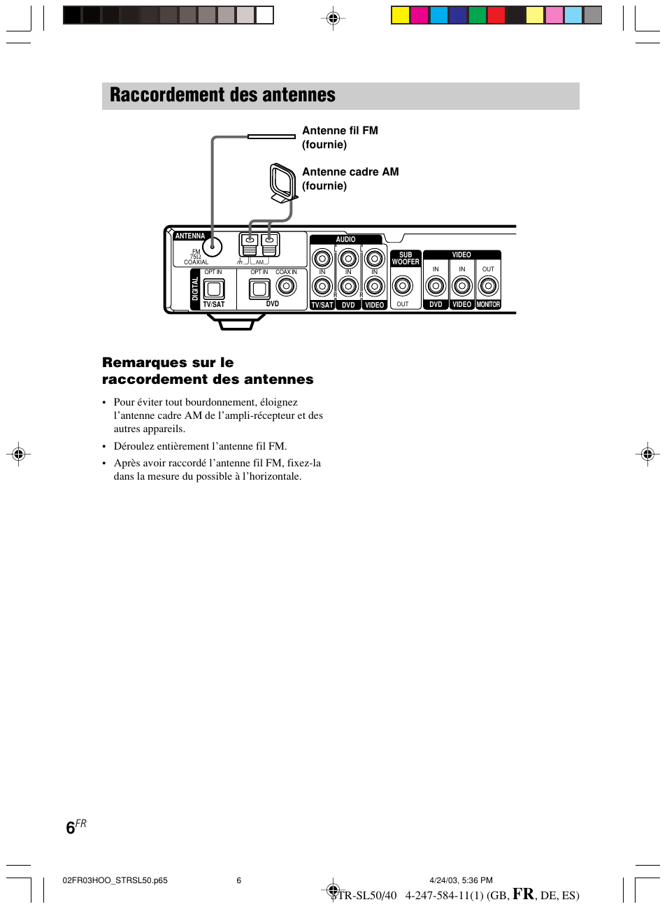 Raccordement des antennes, Remarques sur le raccordement des antennes, De, es) | Sony TR-SL50 User Manual | Page 45 / 157