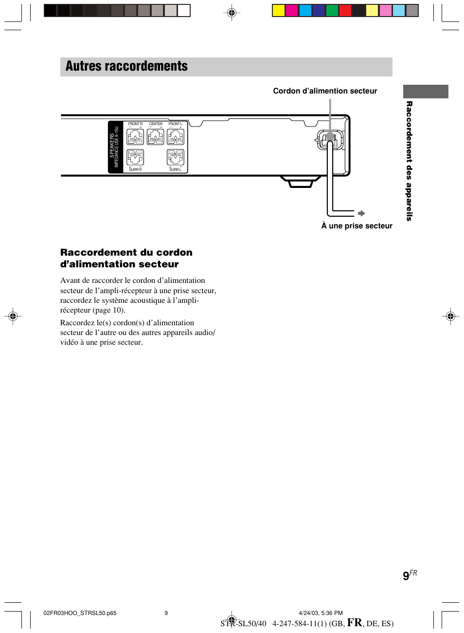 Autres raccordements, Raccordement du cordon d’alimentation secteur | Sony TR-SL50 User Manual | Page 48 / 157