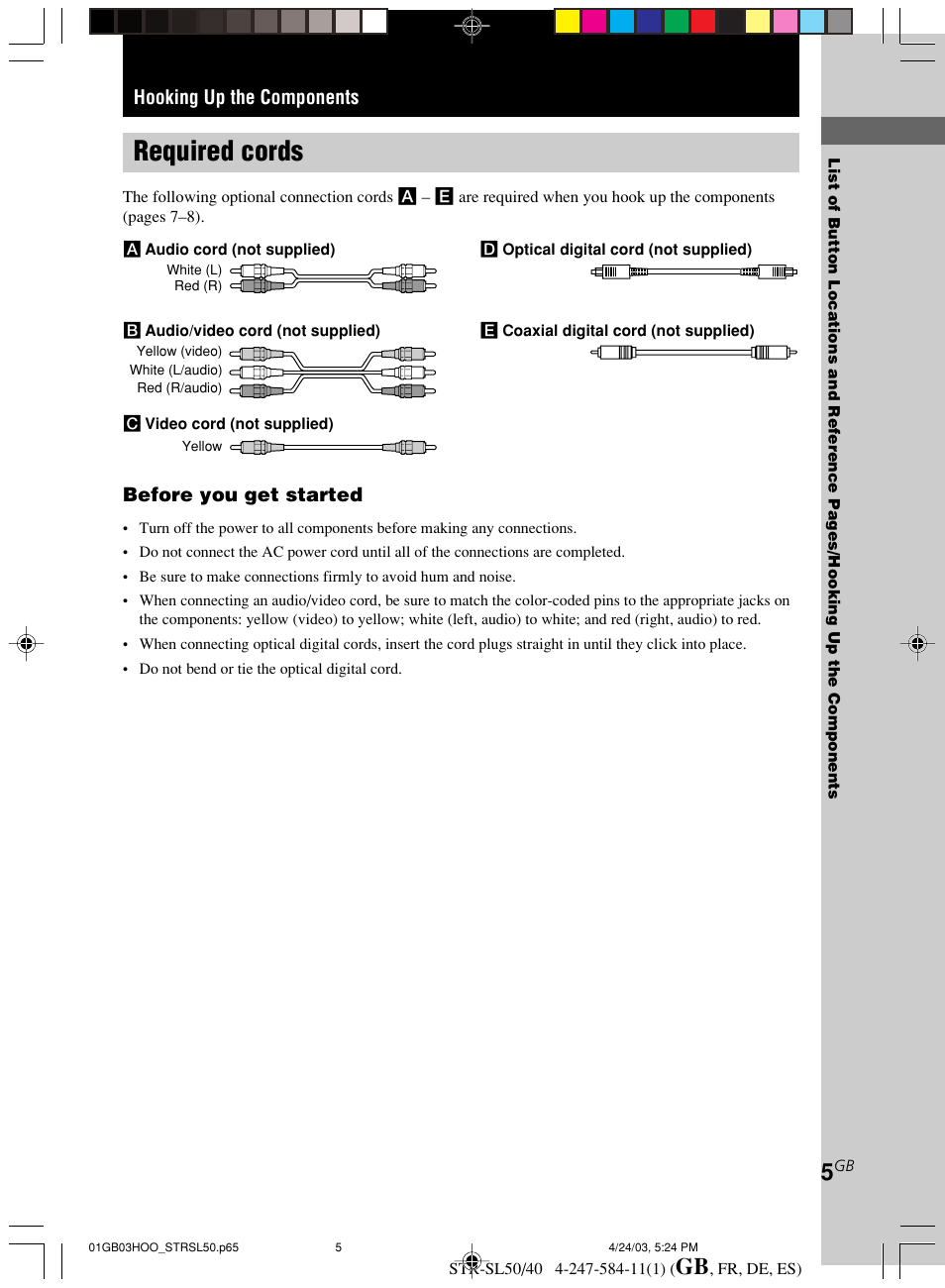 Hooking up the components, Required cords, Before you get started | Sony TR-SL50 User Manual | Page 5 / 157