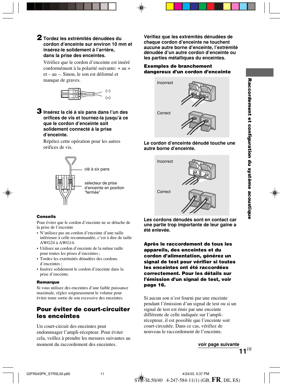 Pour éviter de court-circuiter les enceintes | Sony TR-SL50 User Manual | Page 50 / 157