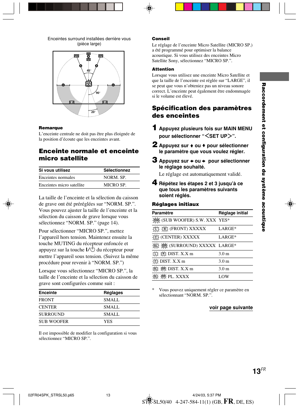 Enceinte normale et enceinte micro satellite, Spécification des paramètres des enceintes | Sony TR-SL50 User Manual | Page 52 / 157